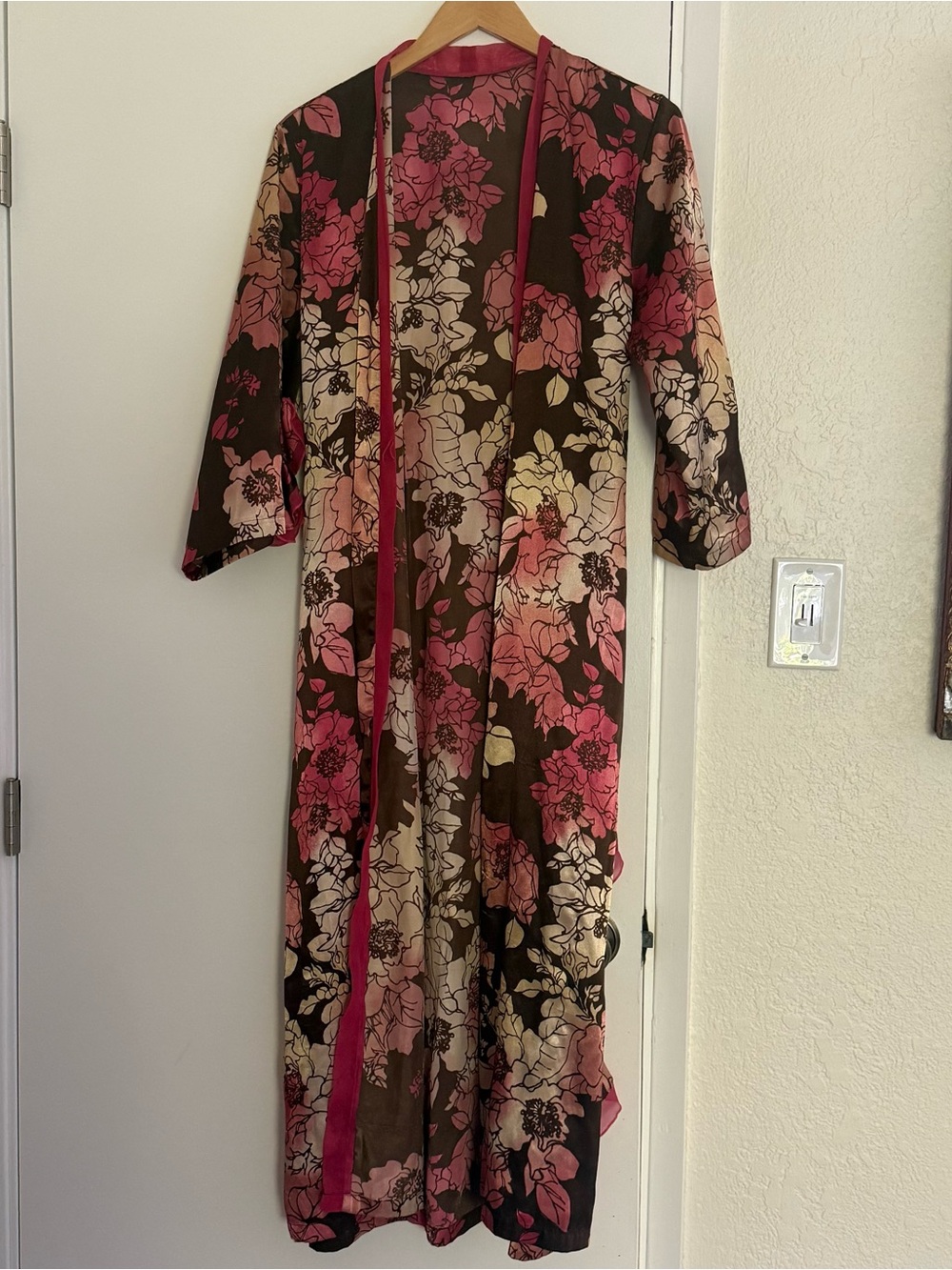 Victoria's Secret Brown Floral Satin Robe with Pink and Cream Flowers